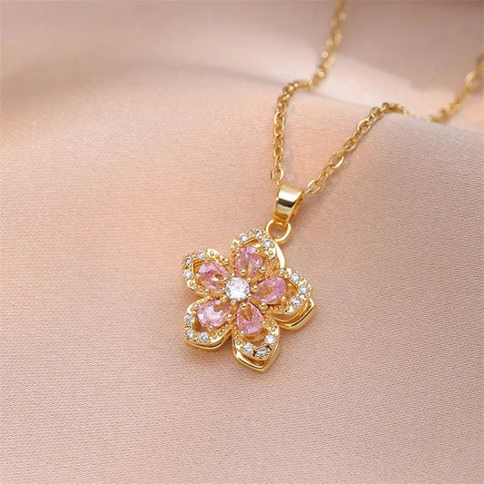 Gouden Roze Kristallen Bloem Ketting
