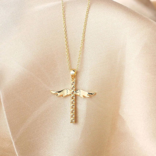 Gouden Engelachtige Gewatteerde Kruis Hanger Ketting