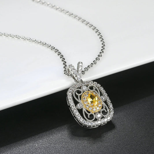 Retro Zilver Gele Edelsteen & Kristal Omslag Ketting
