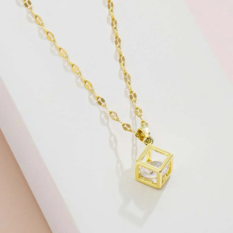 Vintage Gouden Kristalheldere Cube Hanger Ketting