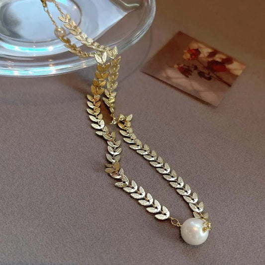 Gouden Grote Parel Hanger & Bladpatroon Ketting