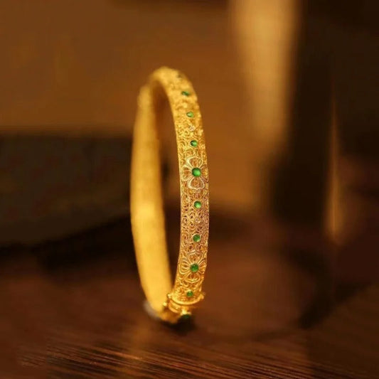 Etnische Stijl Gouden Groene Edelsteen & Bloemmotief Bangle Armband