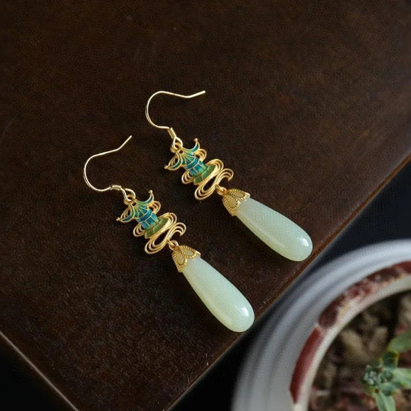 Klassieke Gouden & Teal Drop Jade Oorbellen
