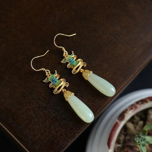Klassieke Gouden & Teal Drop Jade Oorbellen