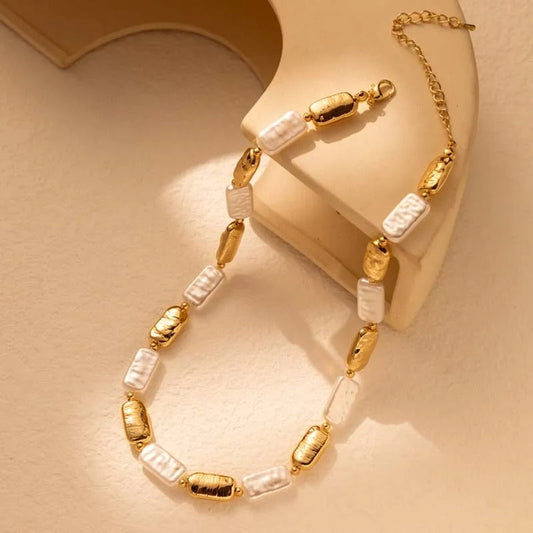 Vintage Gouden & Witte Rechte Parelsnoer