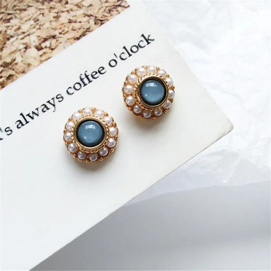 Vintage Gouden & Parel Blauwe Steen Stud Oorbellen
