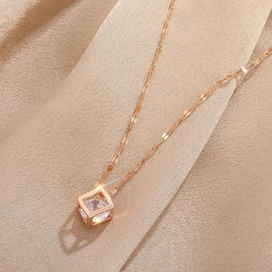 Vintage Roze Gouden Kristallen Vierkante Hanger Ketting