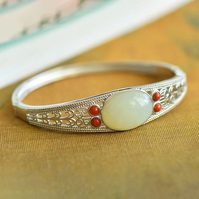 Klassieke Zilveren Groene Steen & Koraal Bangle Armband