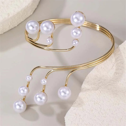 Vintage Gouden & Cascading Parels Bangle Armband