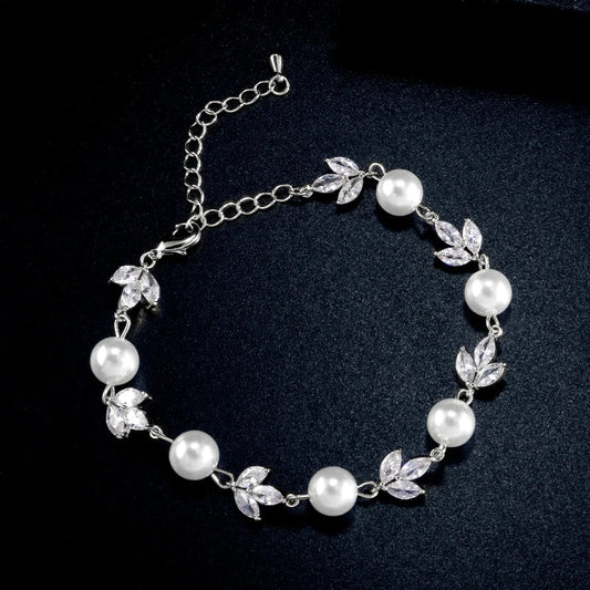 Zilveren Kristallen Blad & Parel Armband