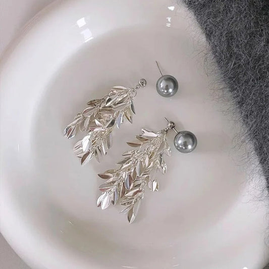Zilveren Parelen Blad Dangle Oorbellen