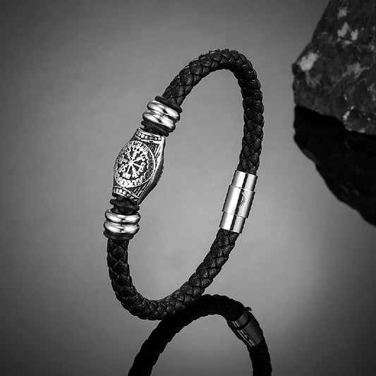 Vlecht Zwarte Viking Kompas Leren Armband