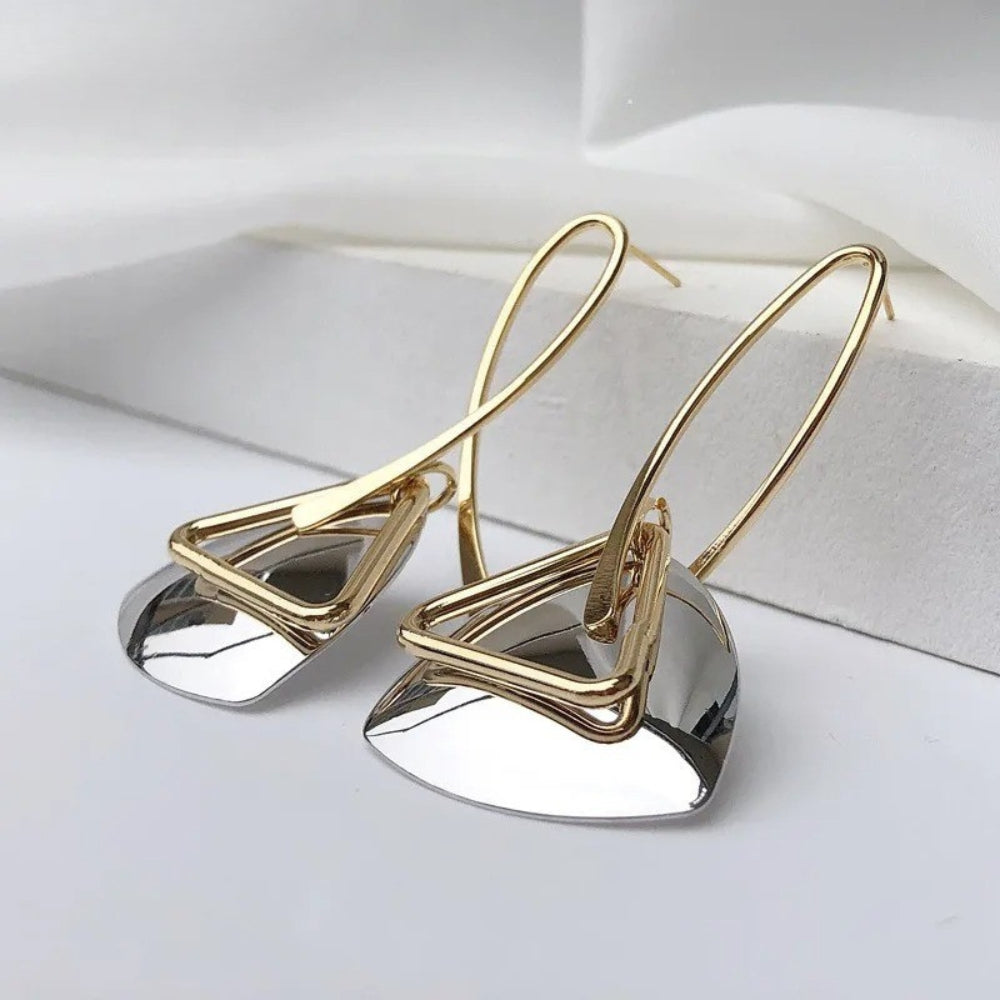 Retro Gouden Driehoekige Zilveren Hanger & Gebogen Haak Oorbellen