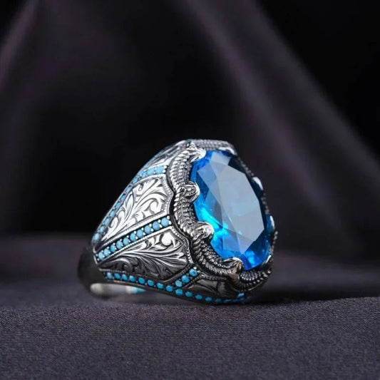 Vintage Handgemaakte Blauwe Steen Zilveren Ring