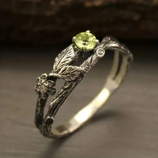 Vintage Groene Steen Blad Zilveren Ring