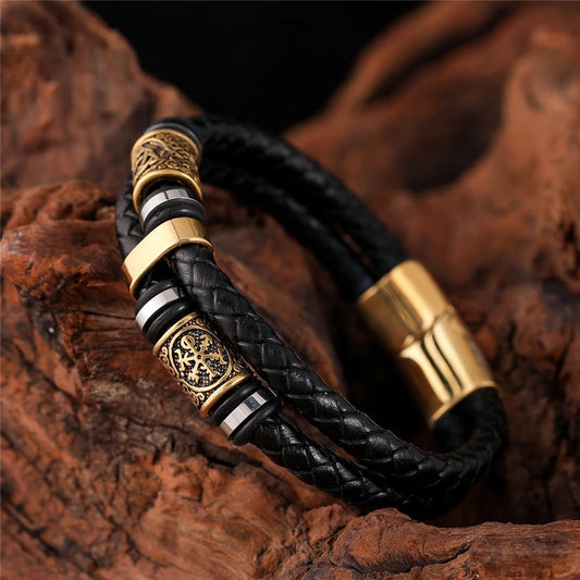 Zwarte Geweven Leren & Gouden Bedelarmband