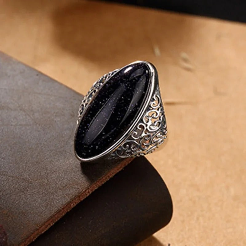 Vintage Zilveren Middernacht Ovaal Steen Ring