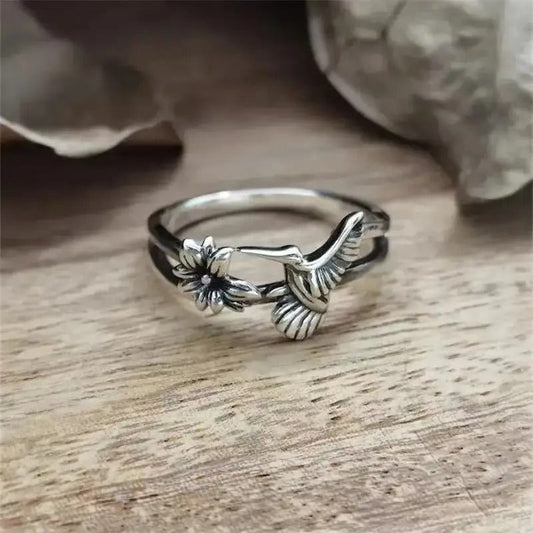Vintage Kolibrie Bloem Zilveren Ring
