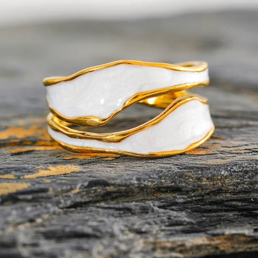 Gouden Witte Emaille Zwirlpunt Open Ring