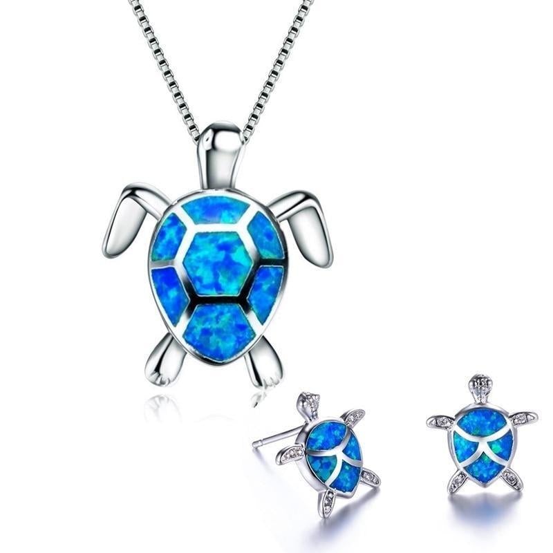 Zeewater Schildpad Hanger + Oorbellen Set in Opal en Zilver