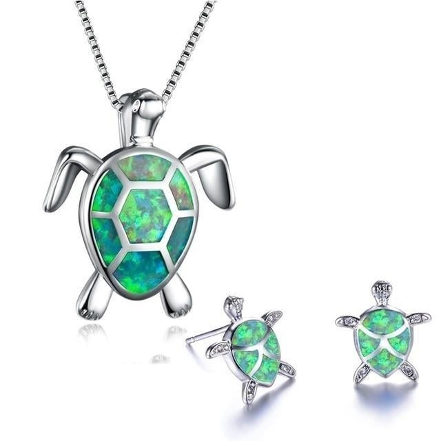 Zeewater Schildpad Hanger + Oorbellen Set in Opal en Zilver | Duurzame Ocean-Inspirerende Sieraden