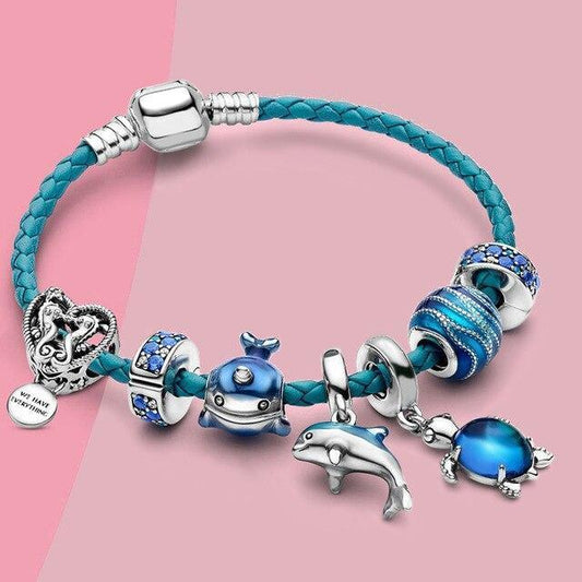 Oceaanstijl Armband + Charms van Leer en Zilver Inclusief
