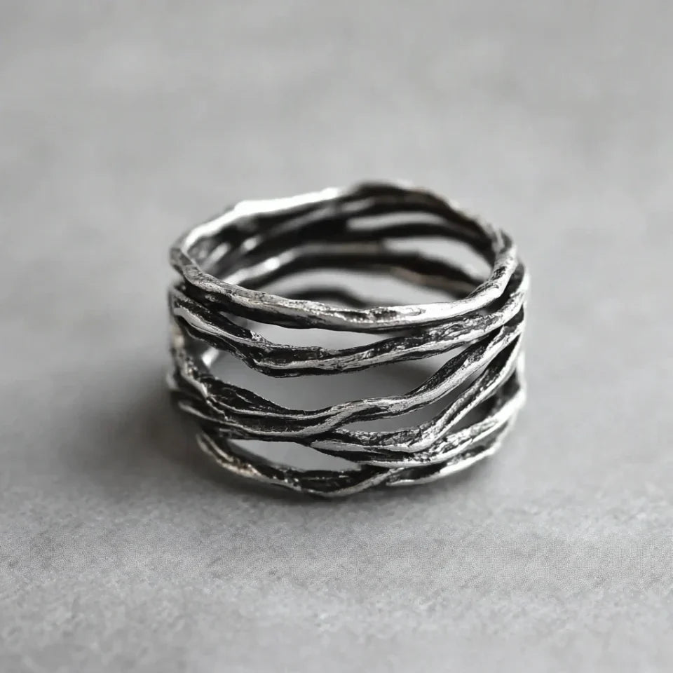 Minimalistische Gelaagde Zilveren Ring in Vintage Stijl