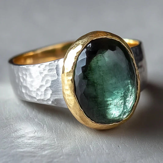Vintage Groene Zilveren Vergulde Ring